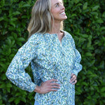 model wearing Valerie cotton shirt in Vigers Vine Liberty Print, three quarter side view