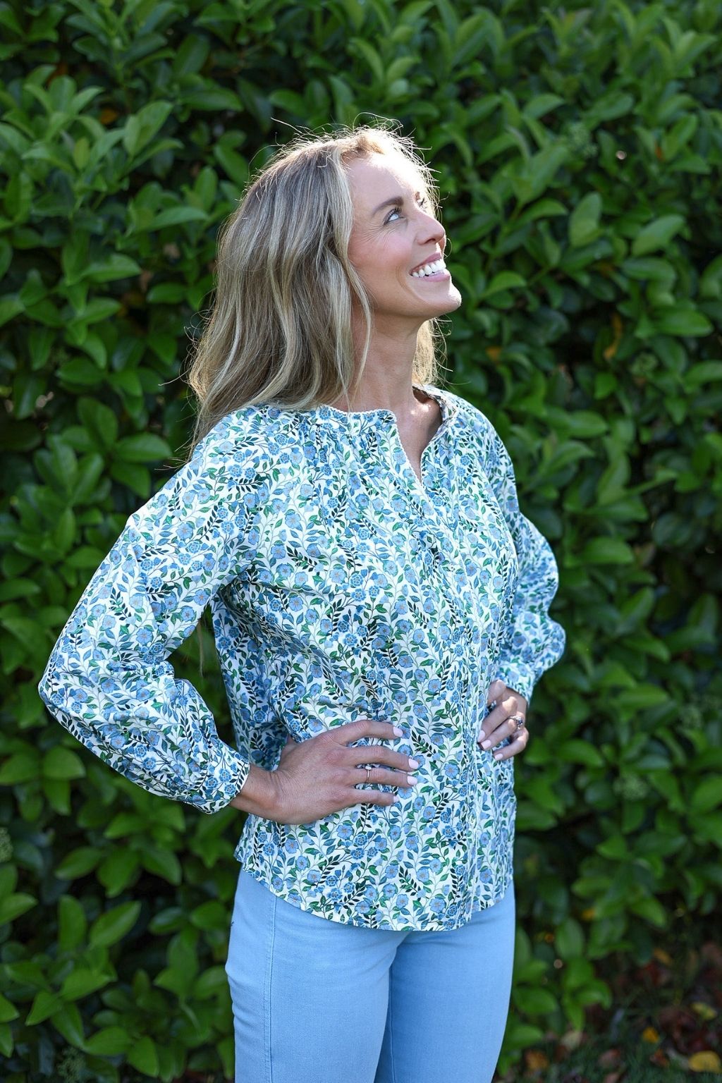 model wearing Valerie cotton shirt in Vigers Vine Liberty Print, three quarter side view