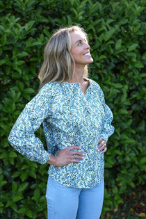model wearing Valerie cotton shirt in Vigers Vine Liberty Print, three quarter side view