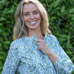 model wearing Valerie cotton shirt in Vigers Vine Liberty print, front up close view