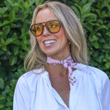 model wearing Valerie white cotton shirt with lace trim, front view, up close